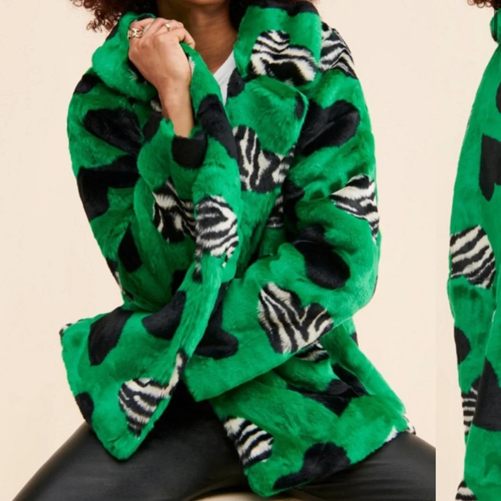 Maeve by Anthropologie Faux Fur Coat Green Black Multi Hearts Sz Medium NWT - Picture 3 of 16